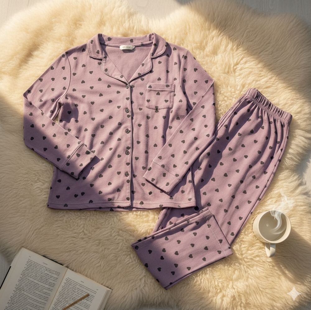 Luxury 95 % Cotton Heart Print Pajama Set - High-End Button Down Sleepwear New